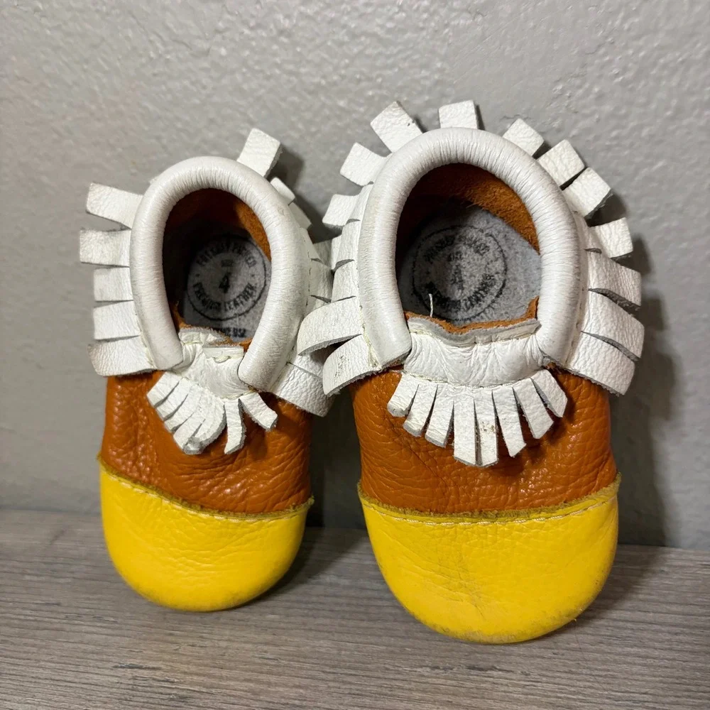 Freshly Picked Baby Leather Moccasins Size 4 Yellow Orange White Fringe TriColor